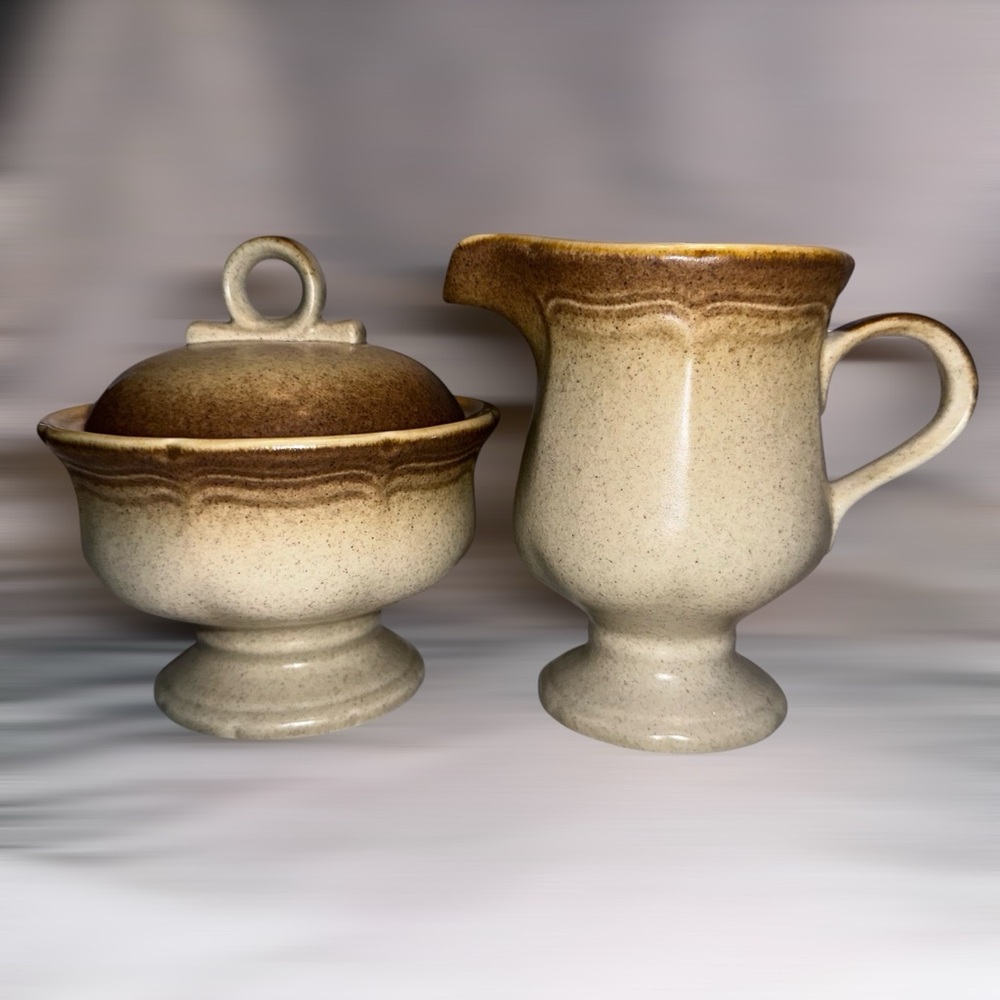 MIKASA Whole Wheat E8000 Stoneware Sugar Bowl
& Creamer Set 1970s Vintage Retro